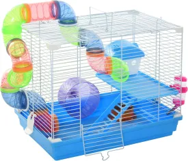 18" 2-Tier Hamster Cage with Wheel and Water Bottle - Multi-Level Design, Play Tube System, Detachable Tray for Easy Cleaning, for Small Pets Like Hamsters and Mice, Blue