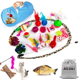 AILUKI 29 PCS Cat Toys Kitten Toys Assortments, Variety Catnip Toy Set Including 2 Way Tunnel,Cat Feather Teaser,Catnip Fish,Mice,Colorful Balls and Bells for Cat,Puppy,Kitty