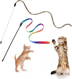 Andiker Cat Wand Teaser Toys2Pcs Plastic Rainbow Cat Interactive Toys for Indoor Cats Colorful Ribbon&Leopard Print Cat Fishing Pole Toys Training Exerciser for Cat Gifts and Kitten Lovers (2pcs)