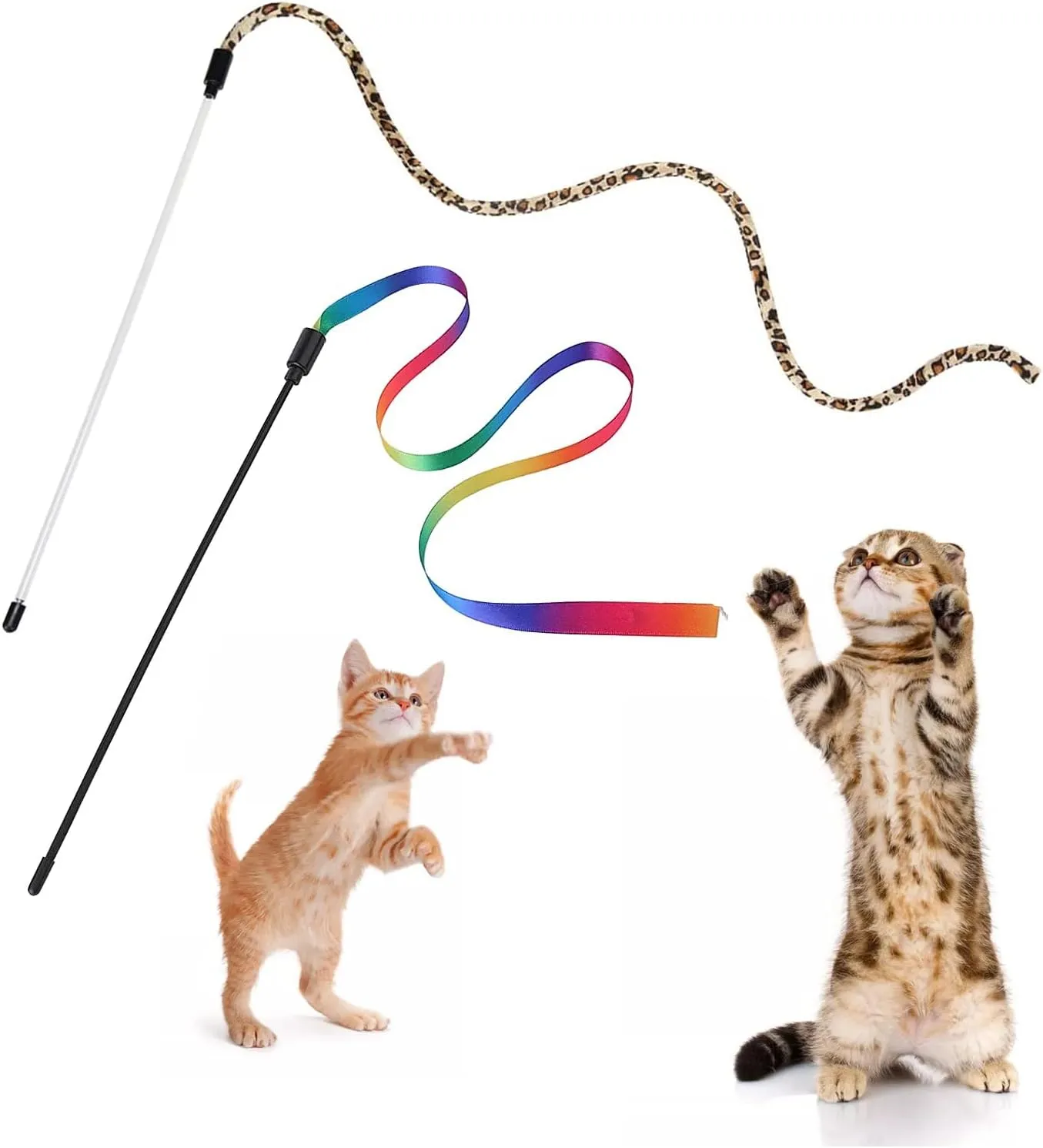 Andiker Cat Wand Teaser Toys2Pcs Plastic Rainbow Cat Interactive Toys for Indoor Cats Colorful Ribbon&Leopard Print Cat Fishing Pole Toys Training Exerciser for Cat Gifts and Kitten Lovers (2pcs)