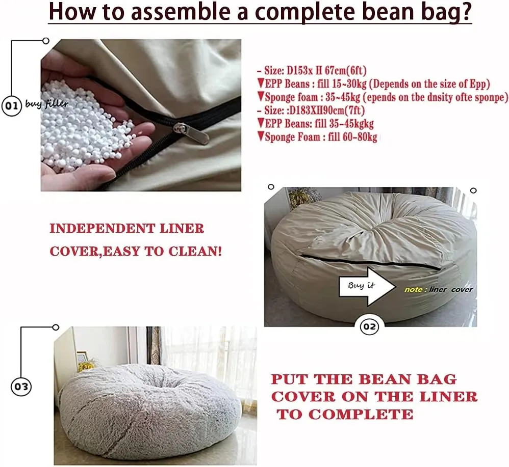 Bean Bag Inner Liner, 6-7ft Inner Liner for Bean Bag Chair, Couch Cover, Seat, Lazy Sofa High Capacity Replacement Cover with Zipper (Size: D180H90CM)