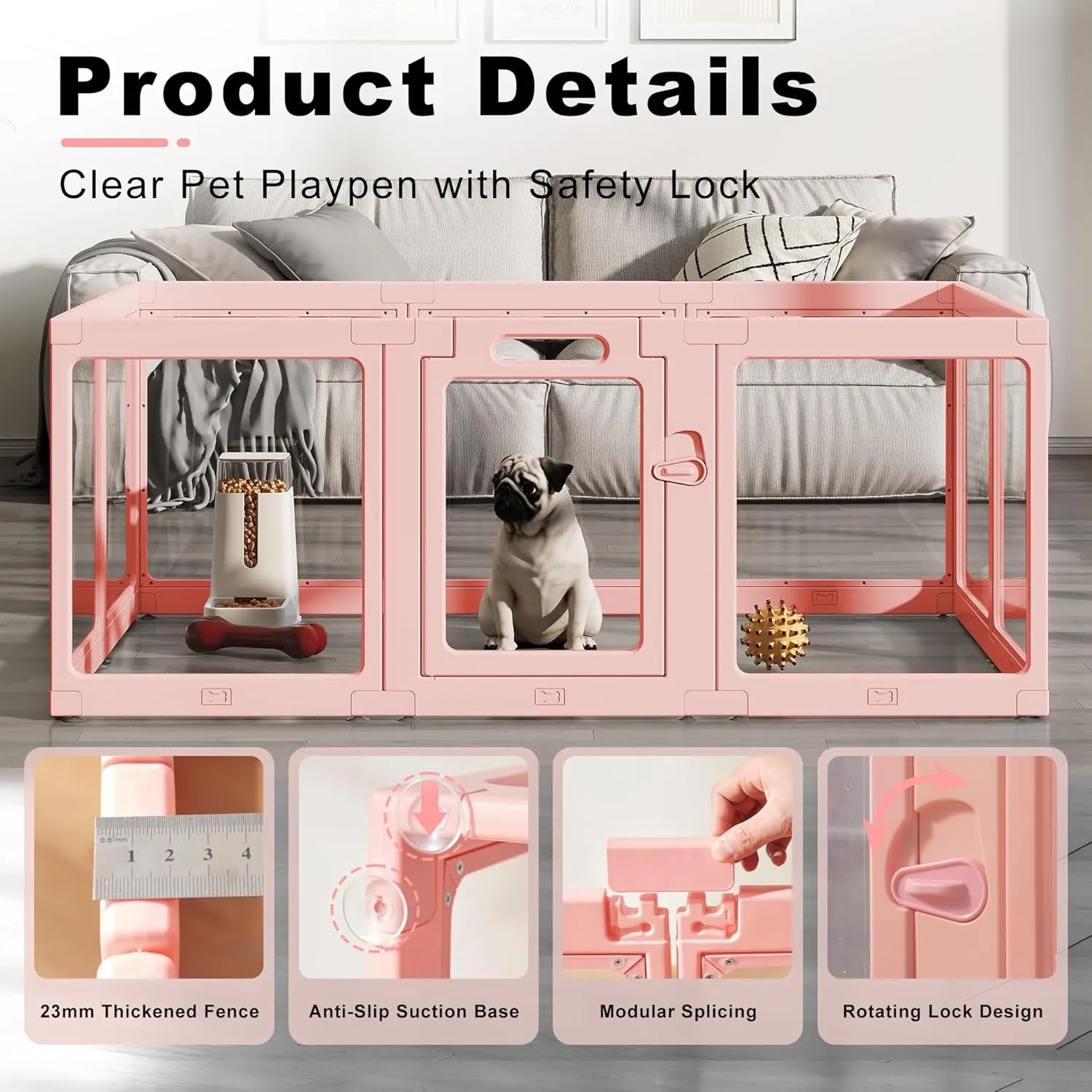 Clear Acrylic Dog Playpen Indoor, Puppy Cat Small Pet Play Pen, Pet Cat Foldable Playpen for Rabbits, Dog Fence Crate Kennel Whelping Cage (Pink, 10 Panel)