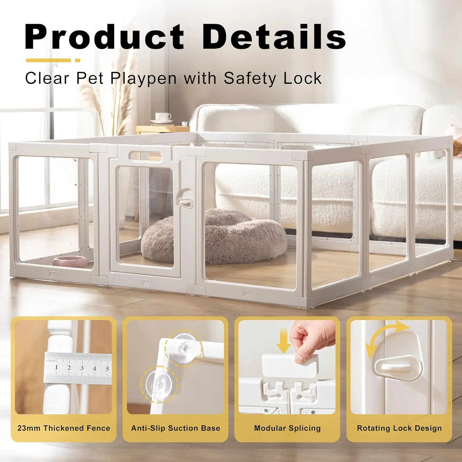 Clear Acrylic Dog Playpen Indoor, Puppy Cat Small Pet Play Pen, Pet Cat Foldable Playpen for Rabbits, Dog Fence Crate Kennel Whelping Cage (White, 12 Panel)