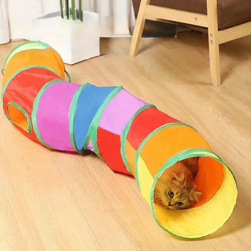 Colorful Foldable Cat Tunnel with Toy - Interactive Play Tunnel for Cats