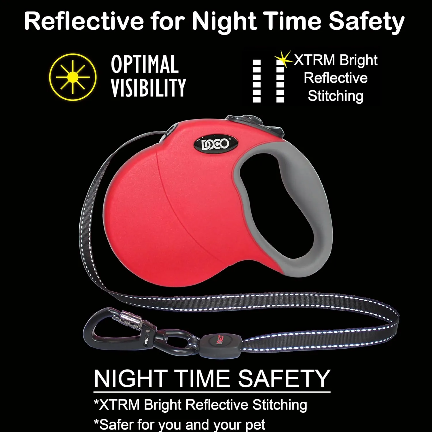 DOCO Retractable Dog Leash for Large Dogs (Length - 16, Weight - Upto 110lb) Reflective Tape Lead with Stop and Lock Control, Tangle Free 360 Swivel Snap & Anti-Slip Grip (Black, Large)