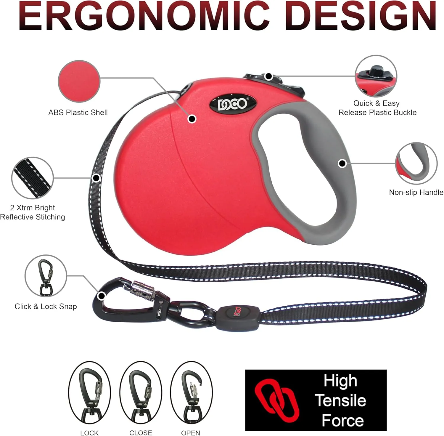 DOCO Retractable Dog Leash for Large Dogs (Length - 16, Weight - Upto 110lb) Reflective Tape Lead with Stop and Lock Control, Tangle Free 360 Swivel Snap & Anti-Slip Grip (Black, Large)