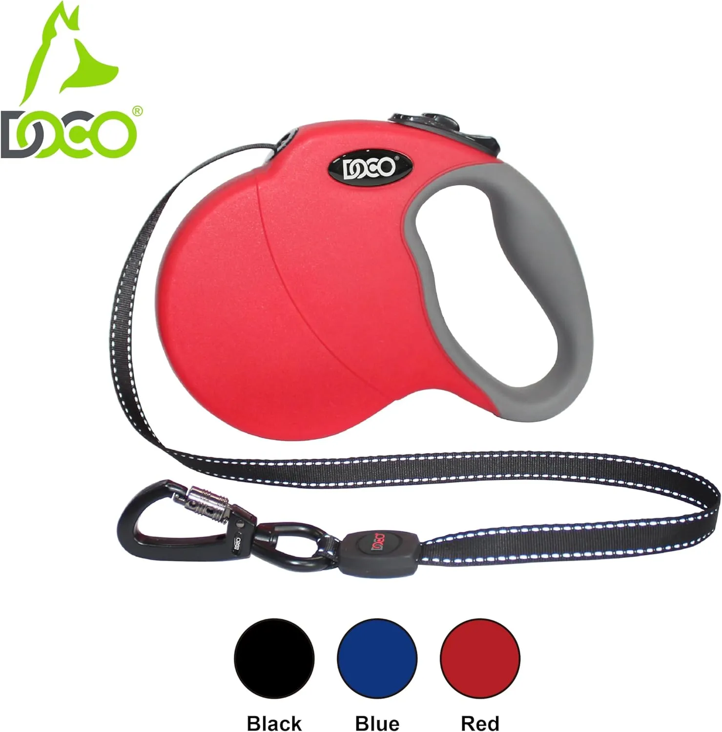 DOCO Retractable Dog Leash for Large Dogs (Length - 16, Weight - Upto 110lb) Reflective Tape Lead with Stop and Lock Control, Tangle Free 360 Swivel Snap & Anti-Slip Grip (Black, Large)