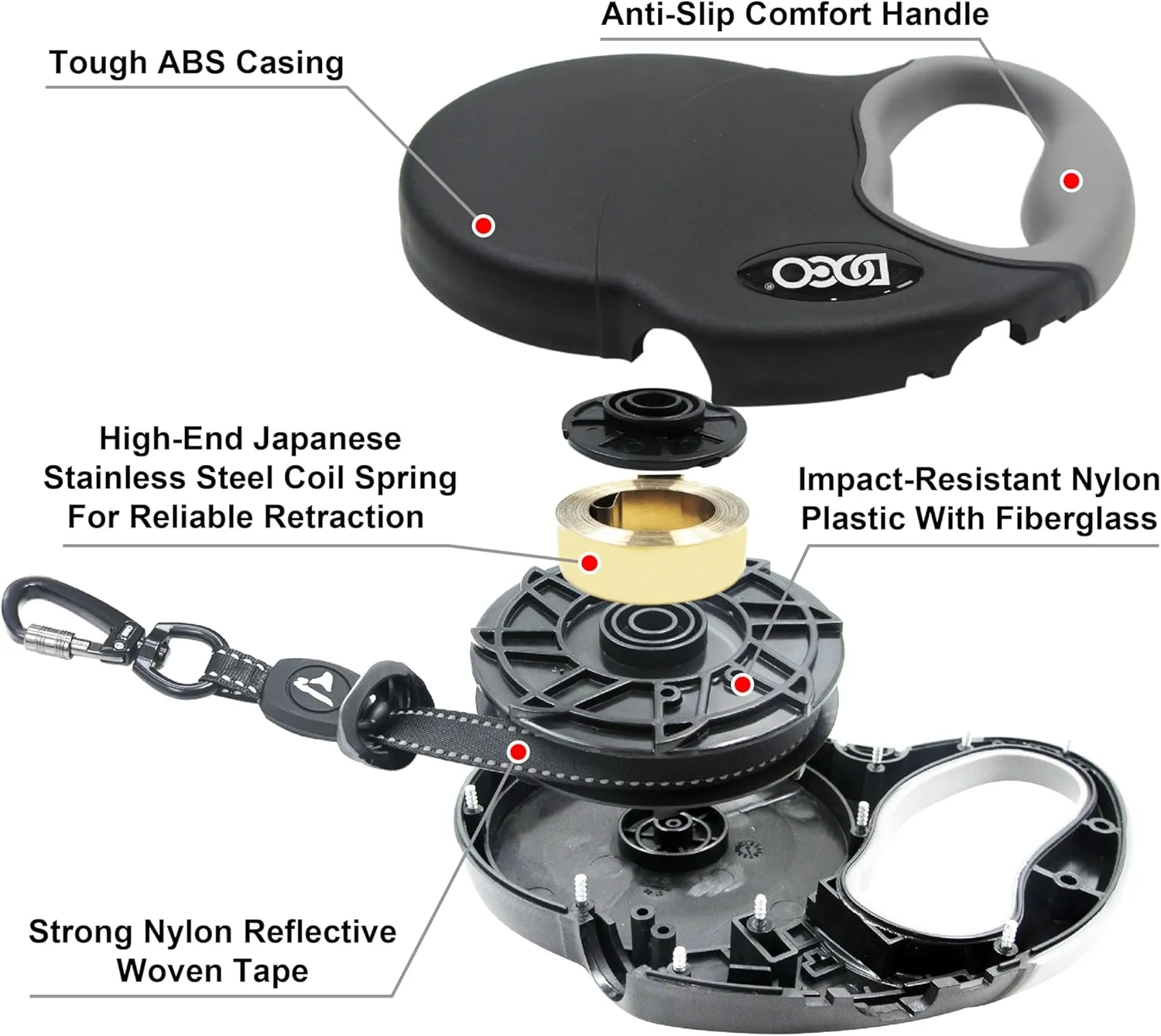DOCO Retractable Dog Leash for Large Dogs (Length - 16, Weight - Upto 110lb) Reflective Tape Lead with Stop and Lock Control, Tangle Free 360 Swivel Snap & Anti-Slip Grip (Black, Large)