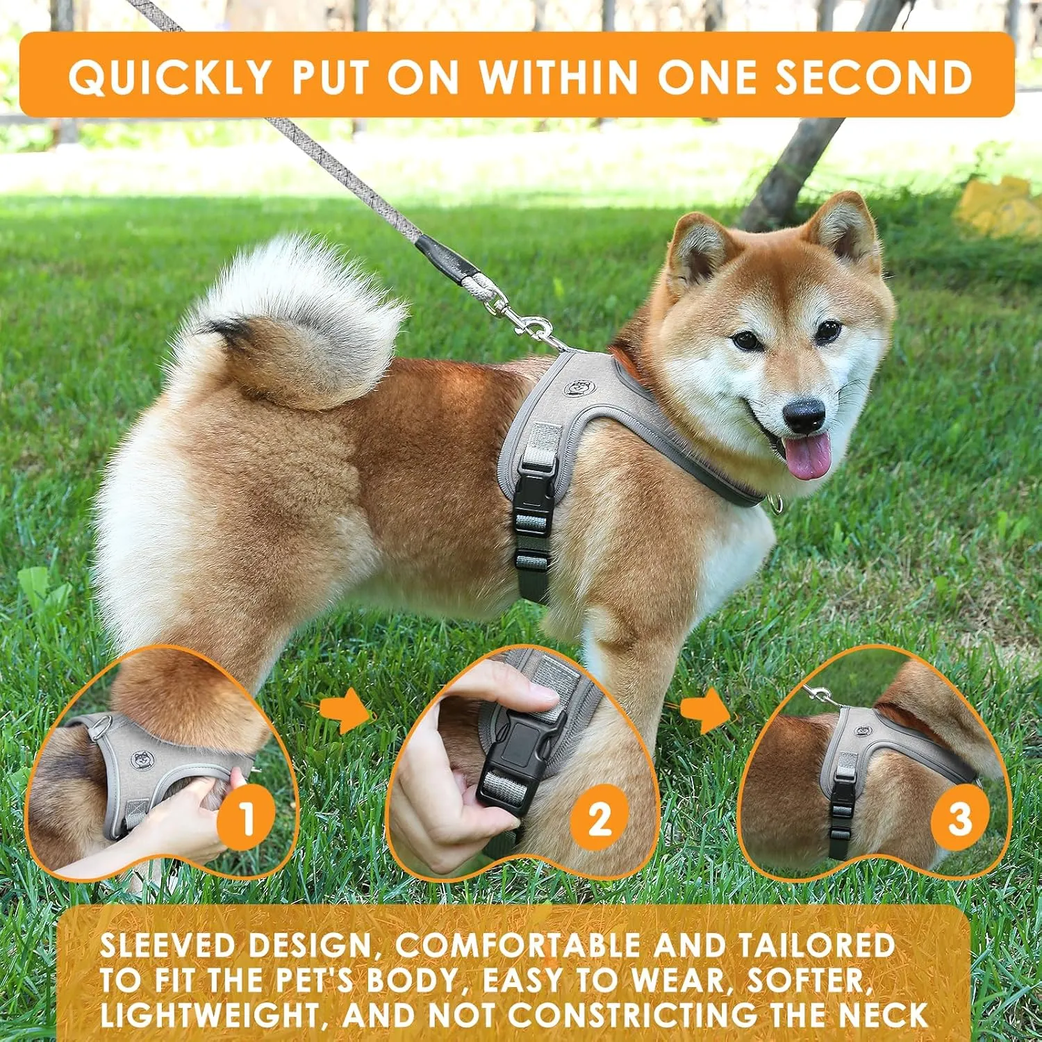Dog Harness, No Pull Saddle Style pet Harness,Soft Ventilate Mesh, Adjustable, Reflective - for Medium, Small Dogs and Cats - Easy Walk Harness with 2 D-Rings - Gray - L