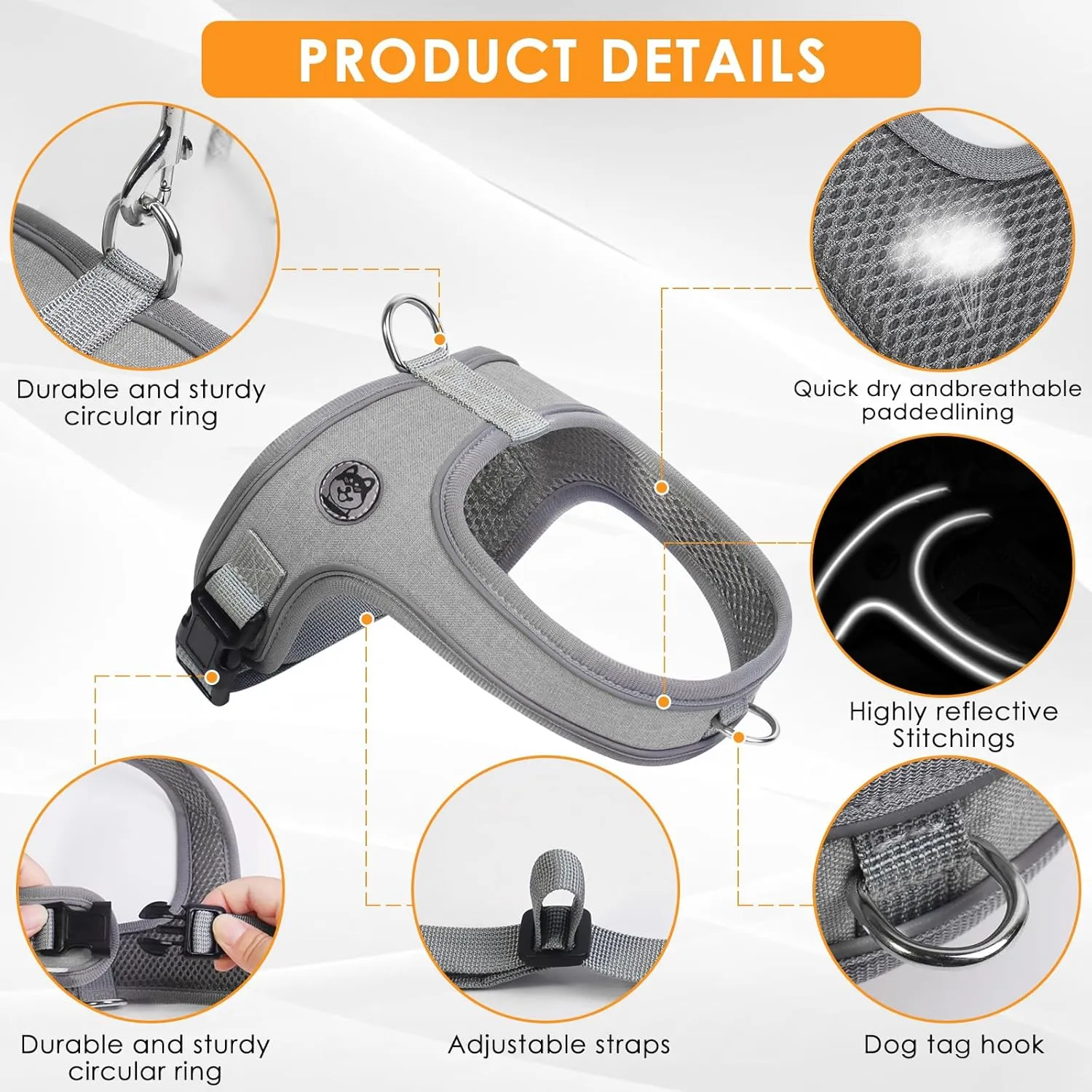 Dog Harness, No Pull Saddle Style pet Harness,Soft Ventilate Mesh, Adjustable, Reflective - for Medium, Small Dogs and Cats - Easy Walk Harness with 2 D-Rings - Gray - L