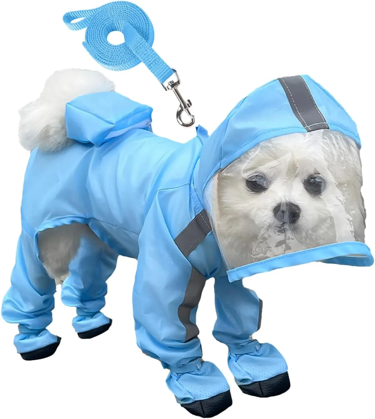 Dog Raincoat with Hood, Waterproof Full-Coverage Reflective Rain Jacket with Leash Quick-Drying Rain Poncho and Shoes for Small Medium Large Dogs,Blue,L
