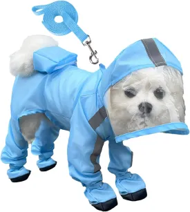 Dog Raincoat with Hood, Waterproof Full-Coverage Reflective Rain Jacket with Leash Quick-Drying Rain Poncho and Shoes for Small Medium Large Dogs,Blue,L