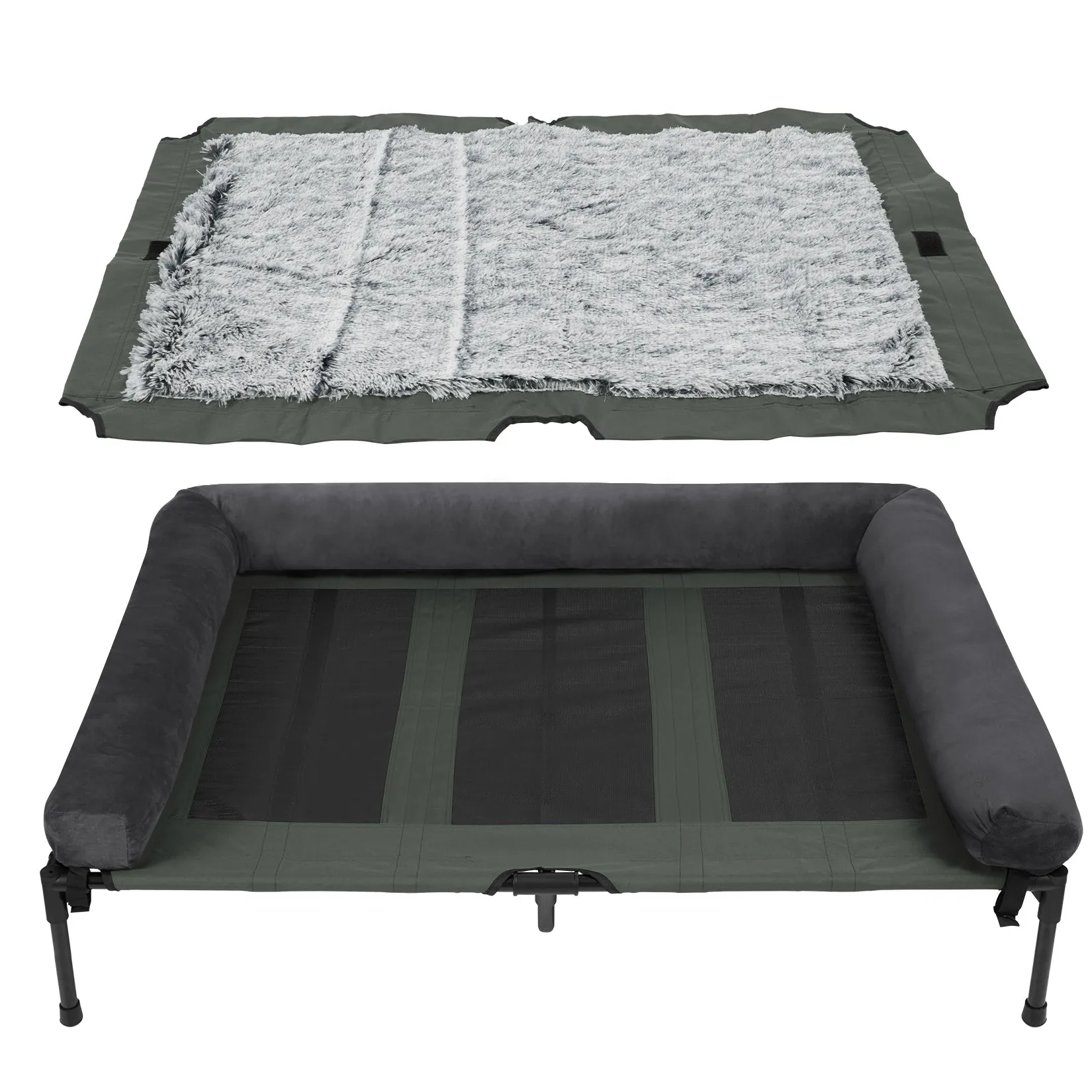 Elevated Dog Bed with Detachable Plush Bolster Outdoor Summer Cooling Raised Dogs Pet Lounger Bed Mesh Cot Bedding