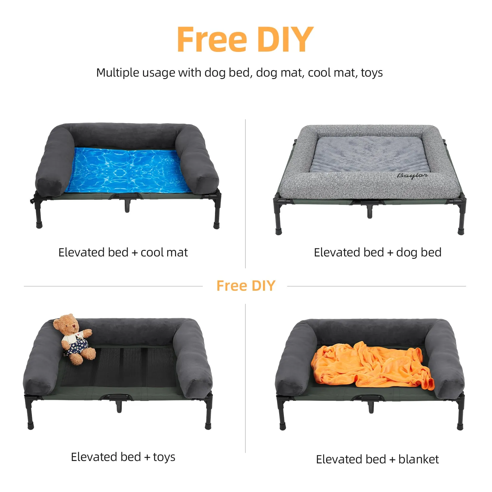 Elevated Dog Bed with Detachable Plush Bolster Outdoor Summer Cooling Raised Dogs Pet Lounger Bed Mesh Cot Bedding