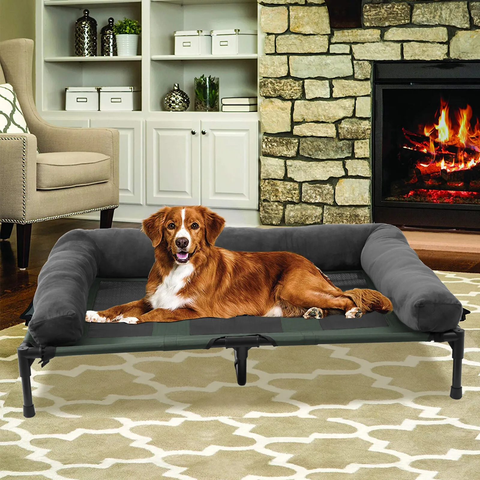 Extra Large Cooling Elevated Dog Bed with Bolster - Raised Pet Cot Lounger for Indoor & Outdoor Use - Waterproof & Cooling Design