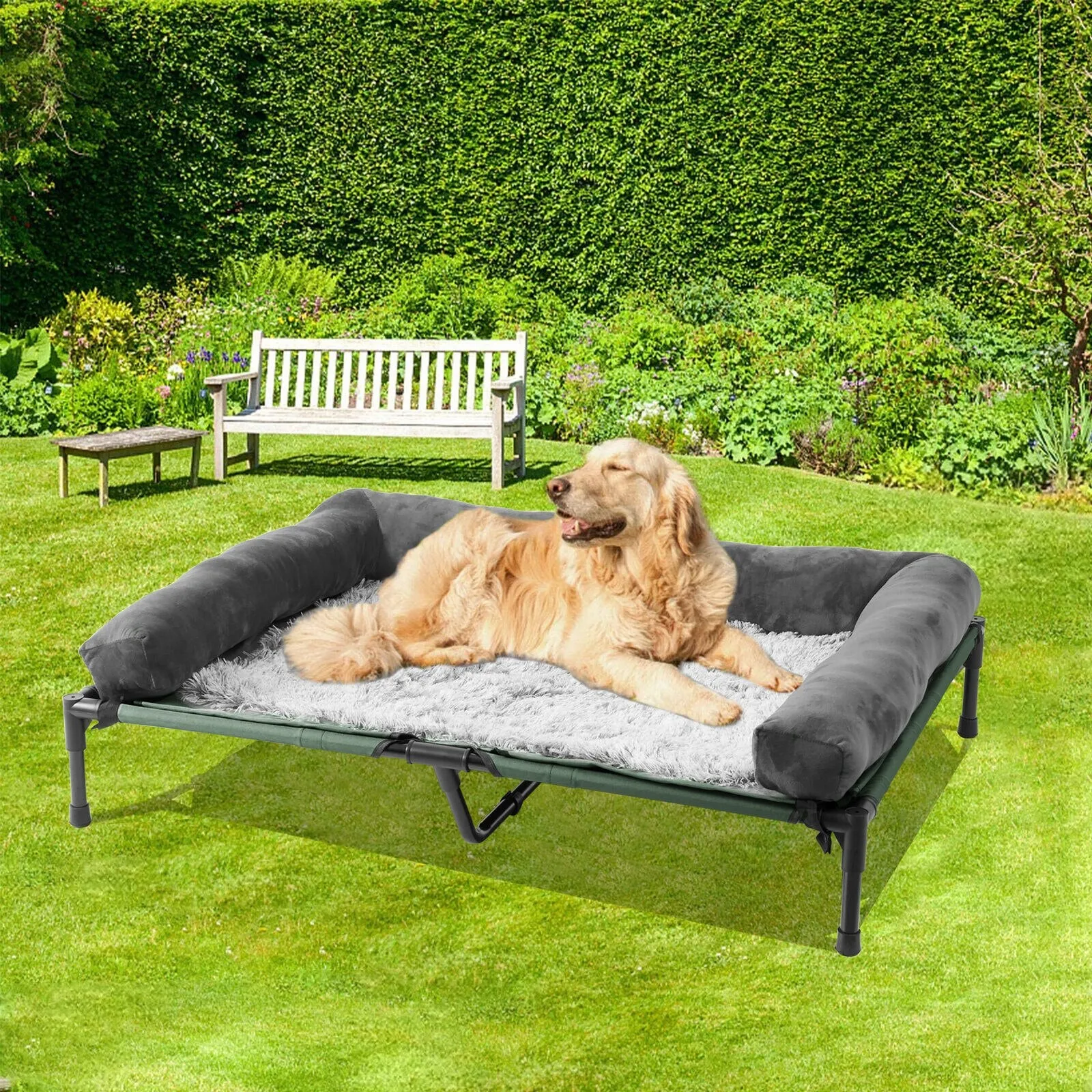 Extra Large Cooling Elevated Dog Bed with Bolster - Raised Pet Cot Lounger for Indoor & Outdoor Use - Waterproof & Cooling Design