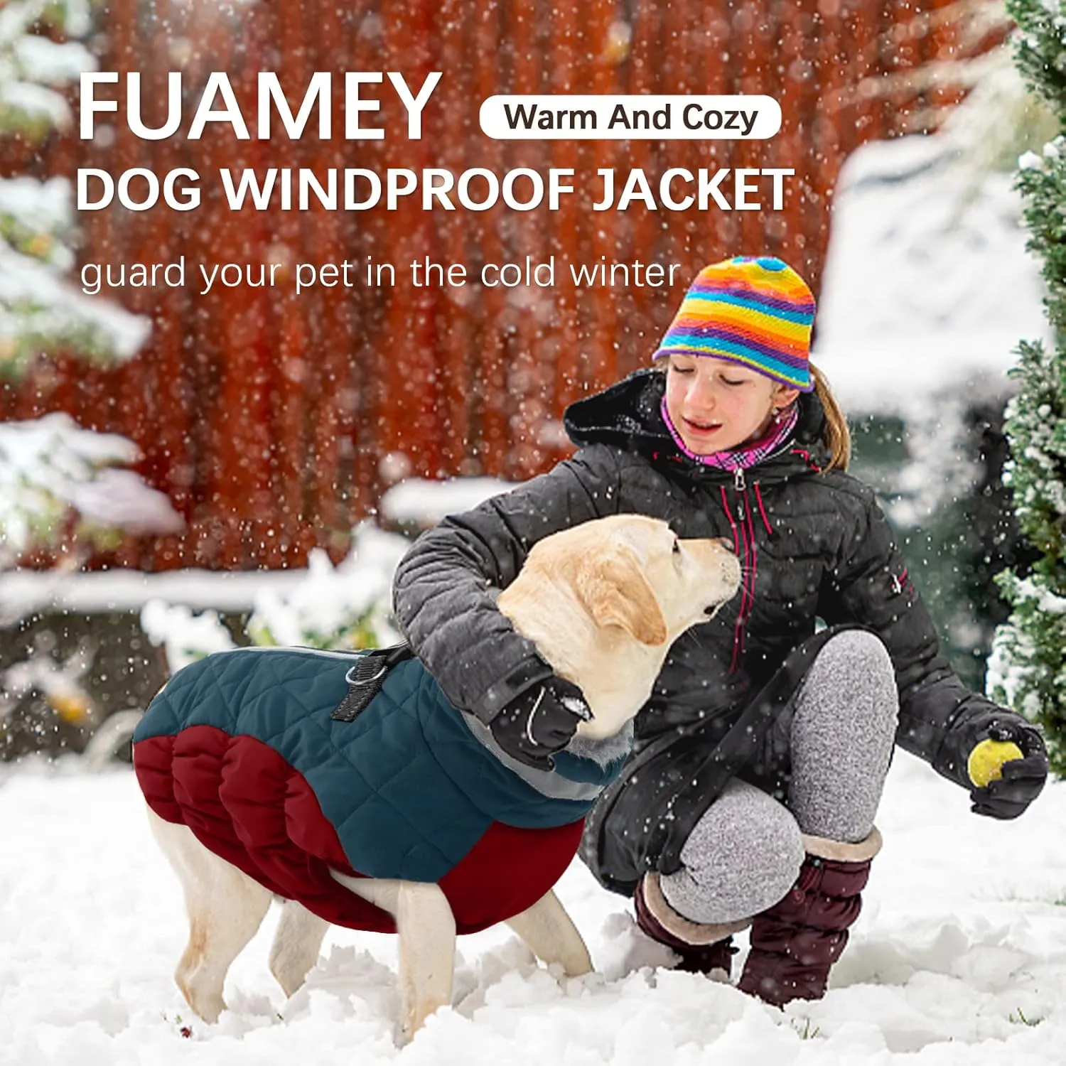 FUAMET Dog Winter Jacket,Padded Coat with Harness - Pet Warm Clothes for Small to Large Dogs - Dark Blue