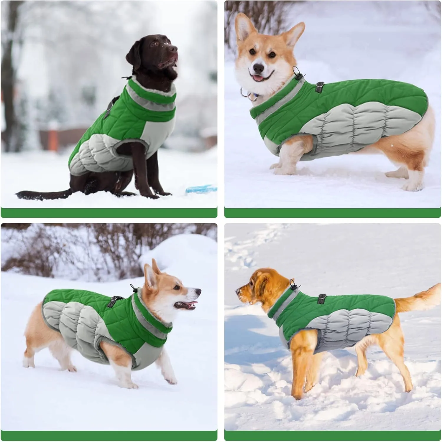 FUAMEY Dog Coat - Warm Winter Jacket with Padded Fleece, Reflective, Waterproof & Windproof, Built-in Harness, Green, Small
