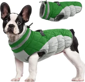 FUAMEY Dog Coat - Warm Winter Jacket with Padded Fleece, Reflective, Waterproof & Windproof, Built-in Harness, Green, Small