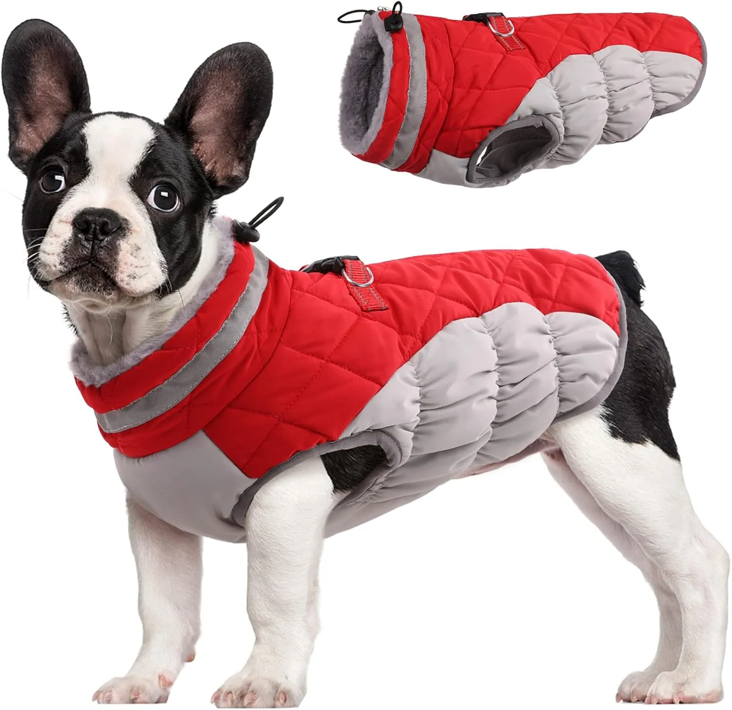 FUAMEY Dog Coat - Warm Winter Jacket with Padded Fleece, Reflective, Waterproof & Windproof, Built-in Harness, Red, Small