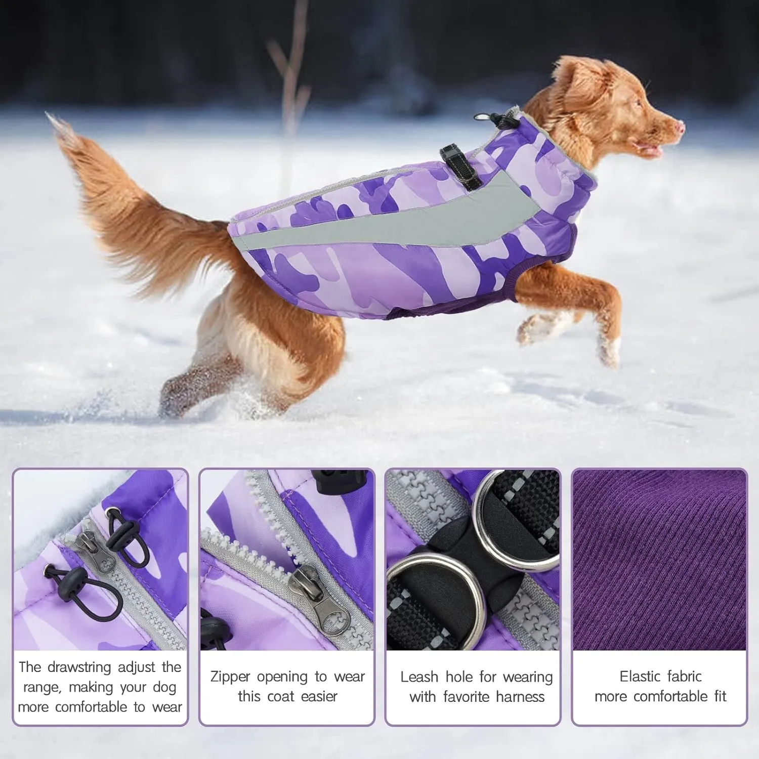 FUAMEY Warm Dog Jacket, Winter Coat with Harness, Waterproof Windproof Snow Jacket, Purple, S - Small/Medium/Large