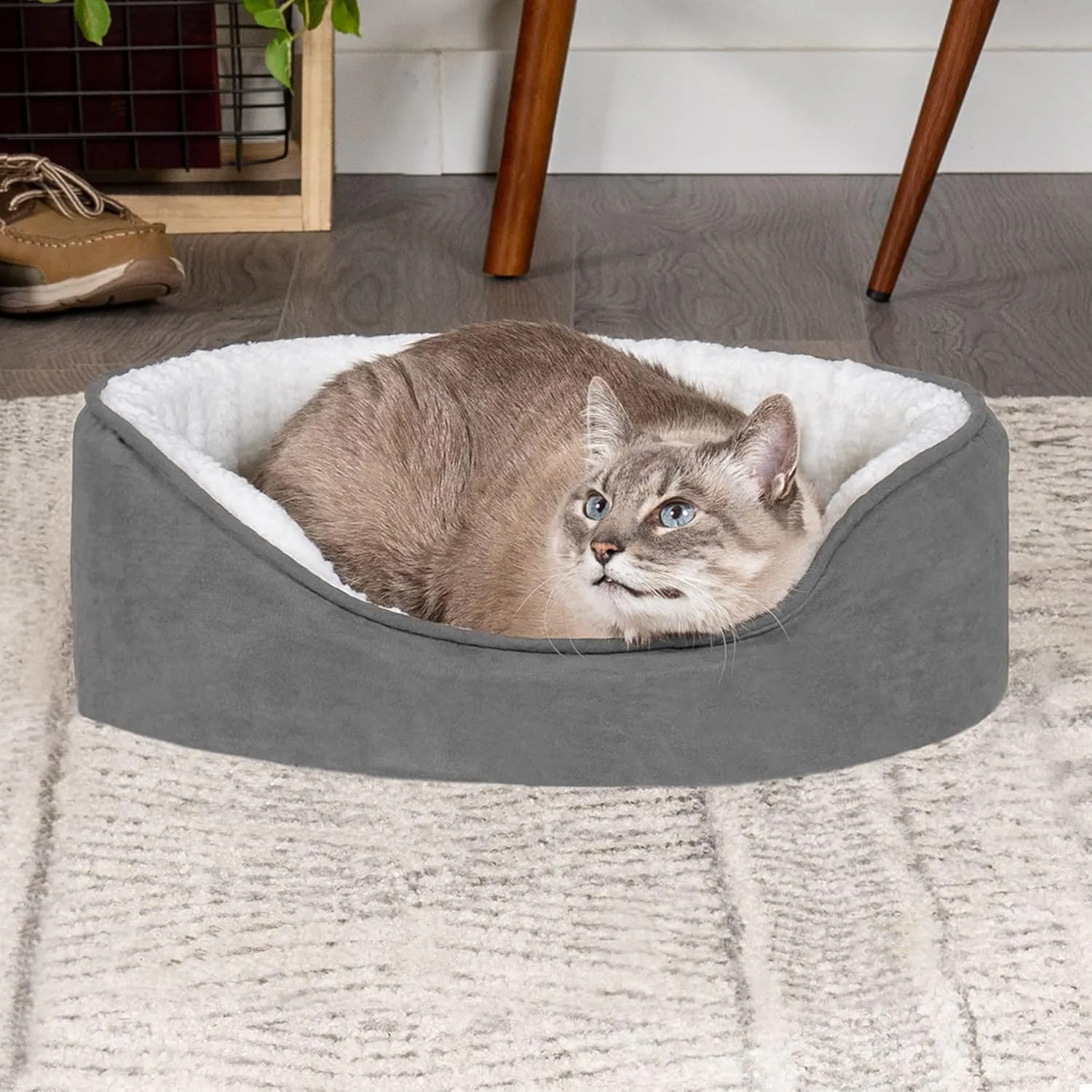 Furhaven Orthopedic Dog Bed for Medium/Small Dogs w/ Removable Washable Cover, For Dogs Up to 18 lbs - Sherpa & Suede Oval Lounger - Gray, Medium