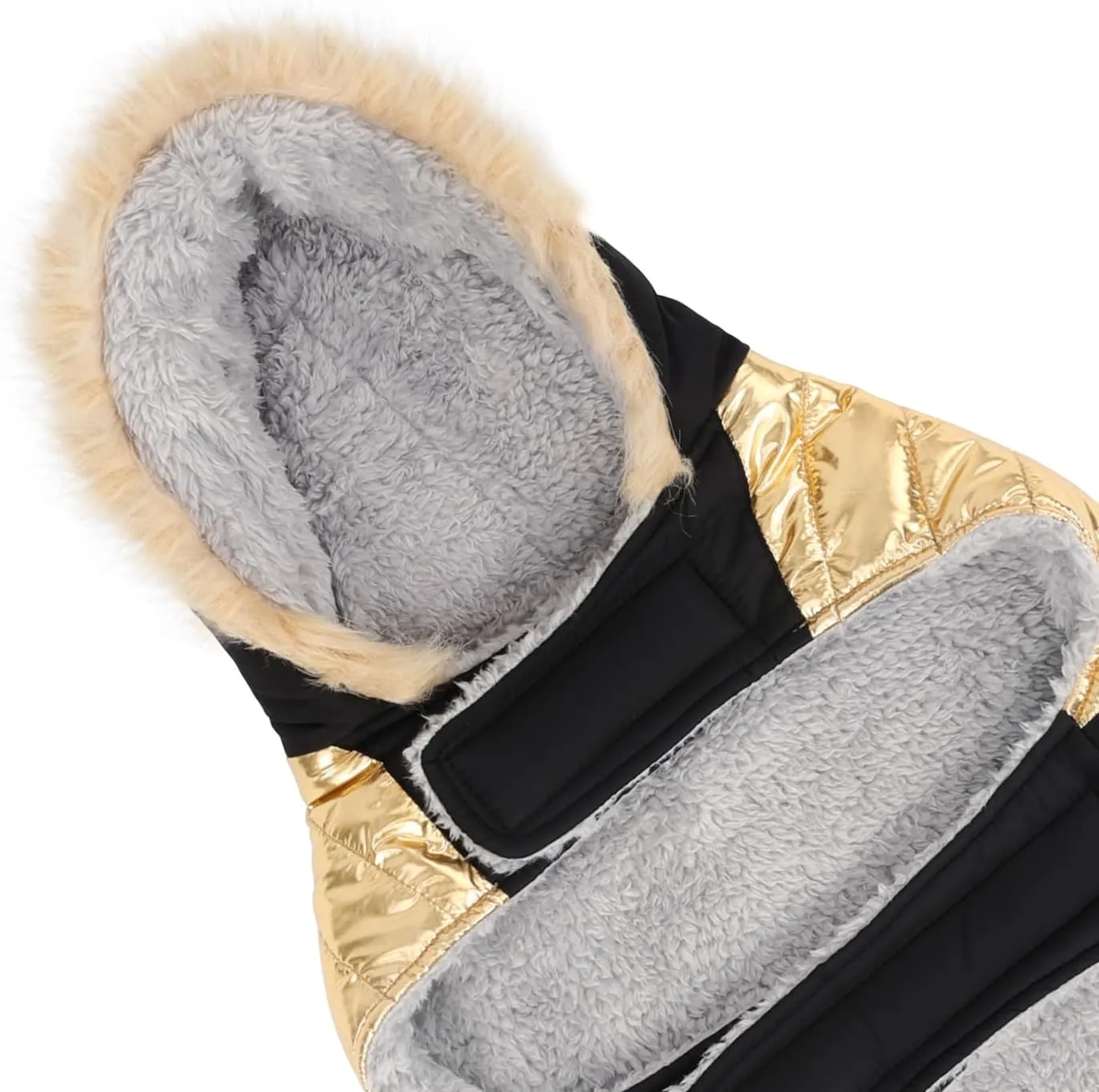 HDE Dog Puffer Jacket Fleece Lined Warm Dog Parka Winter Coat with Harness Hole 90s Black and Gold Metallic - L