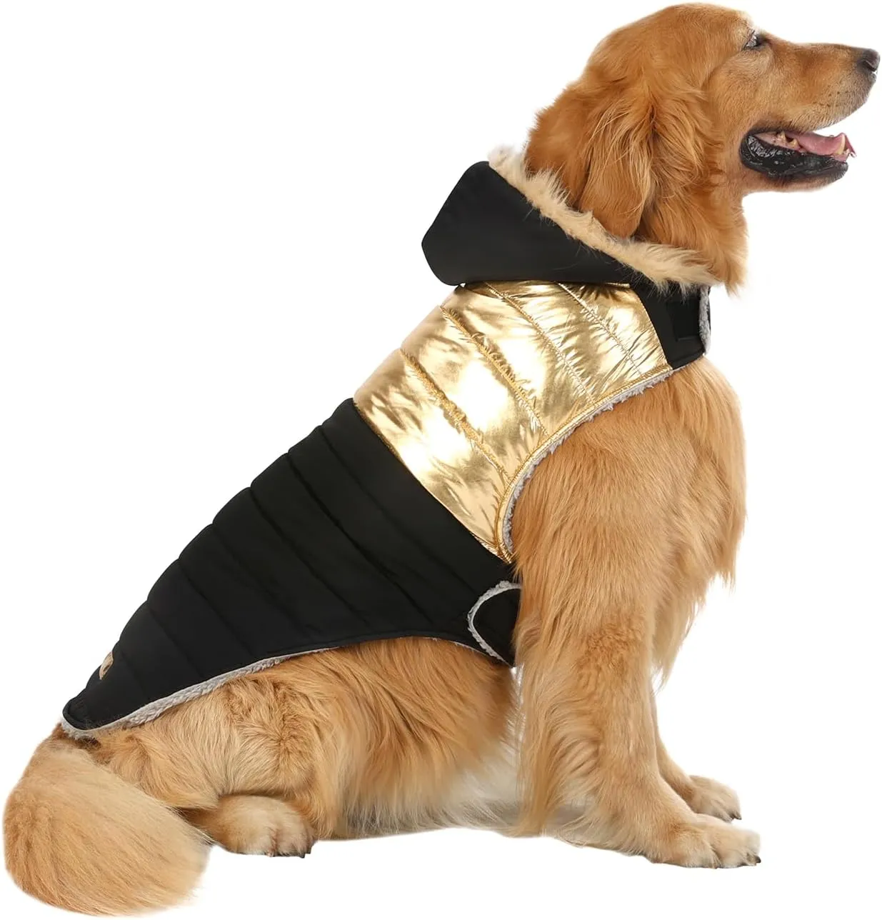 HDE Dog Puffer Jacket Fleece Lined Warm Dog Parka Winter Coat with Harness Hole 90s Black and Gold Metallic - L
