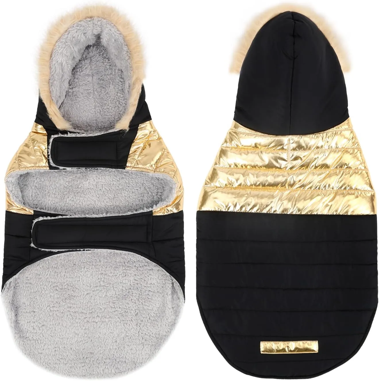 HDE Dog Puffer Jacket Fleece Lined Warm Dog Parka Winter Coat with Harness Hole 90s Black and Gold Metallic - L