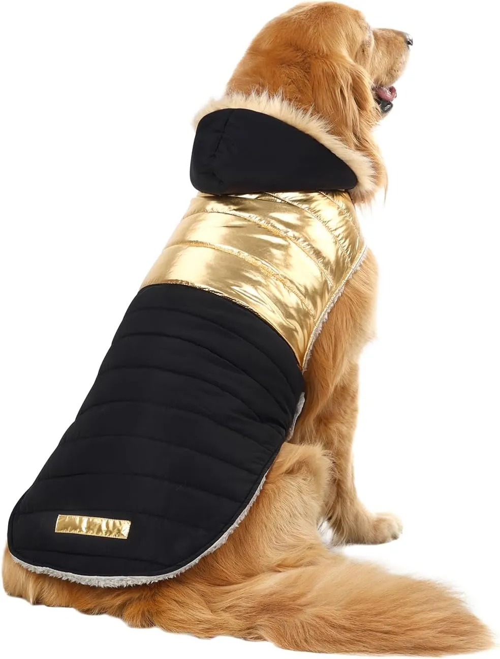 HDE Dog Puffer Jacket Fleece Lined Warm Dog Parka Winter Coat with Harness Hole 90s Black and Gold Metallic - L