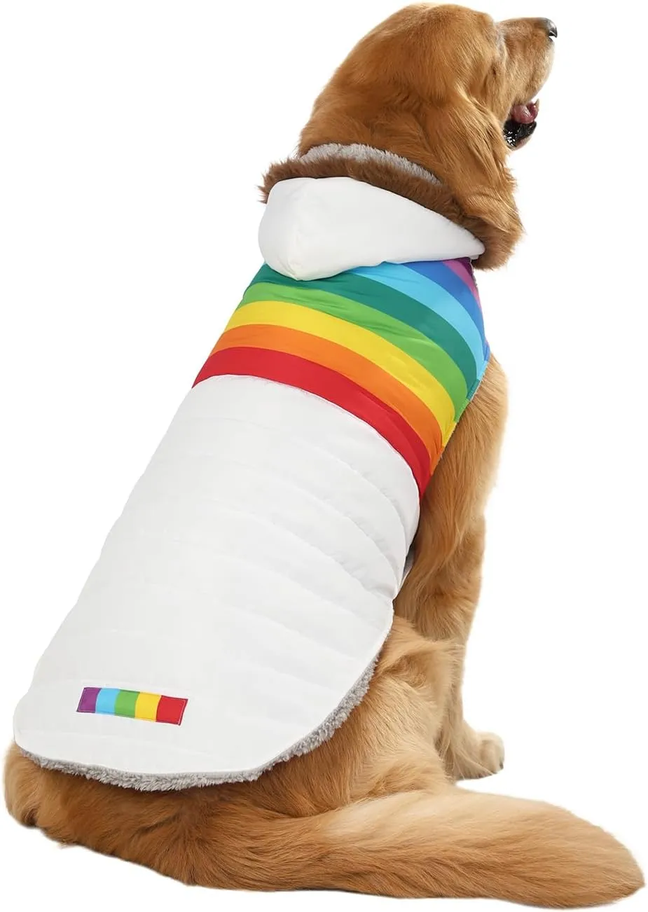 HDE Dog Puffer Jacket Fleece Lined Warm Dog Parka Winter Coat with Harness Hole White Rainbow Stripe - XL