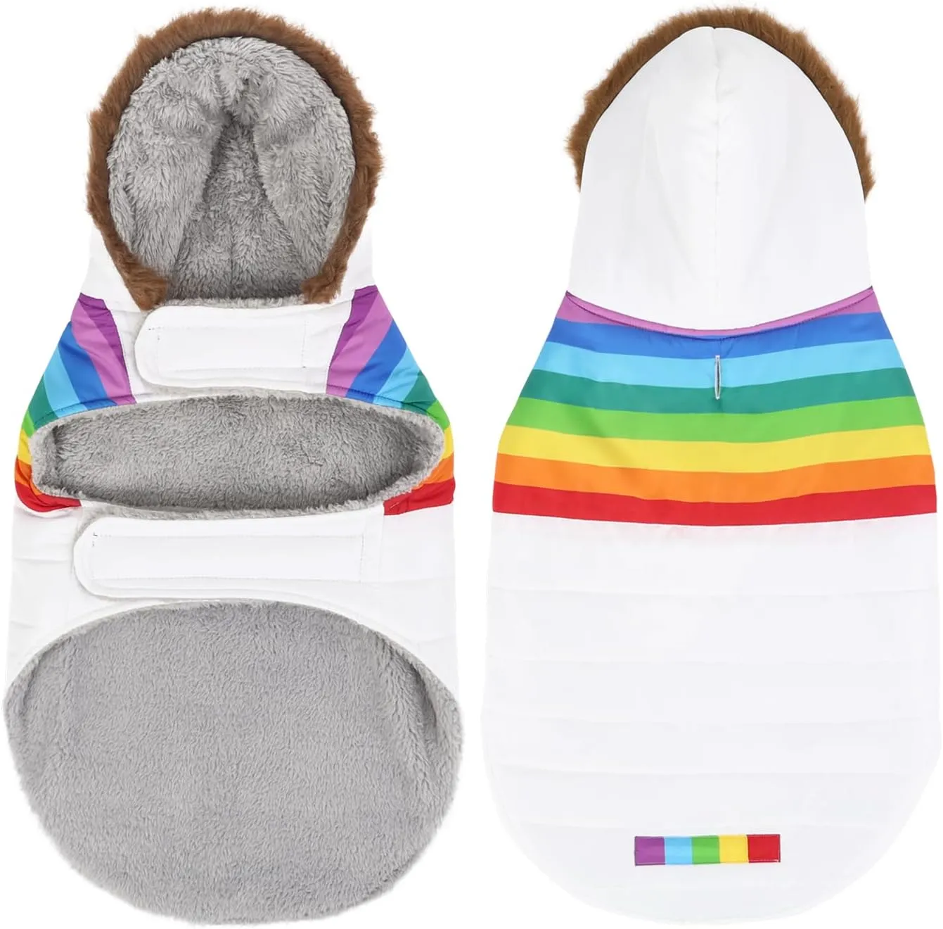 HDE Dog Puffer Jacket Fleece Lined Warm Dog Parka Winter Coat with Harness Hole White Rainbow Stripe - XL