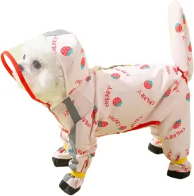 HDKUW Small Dog Raincoat & Rain Shoes Set,Full-Coverage Reflective Dog Jacket with D-Ring,Dogs Raincoat with Rain Boots Set for Puppy Small Dogs Strawberry XL
