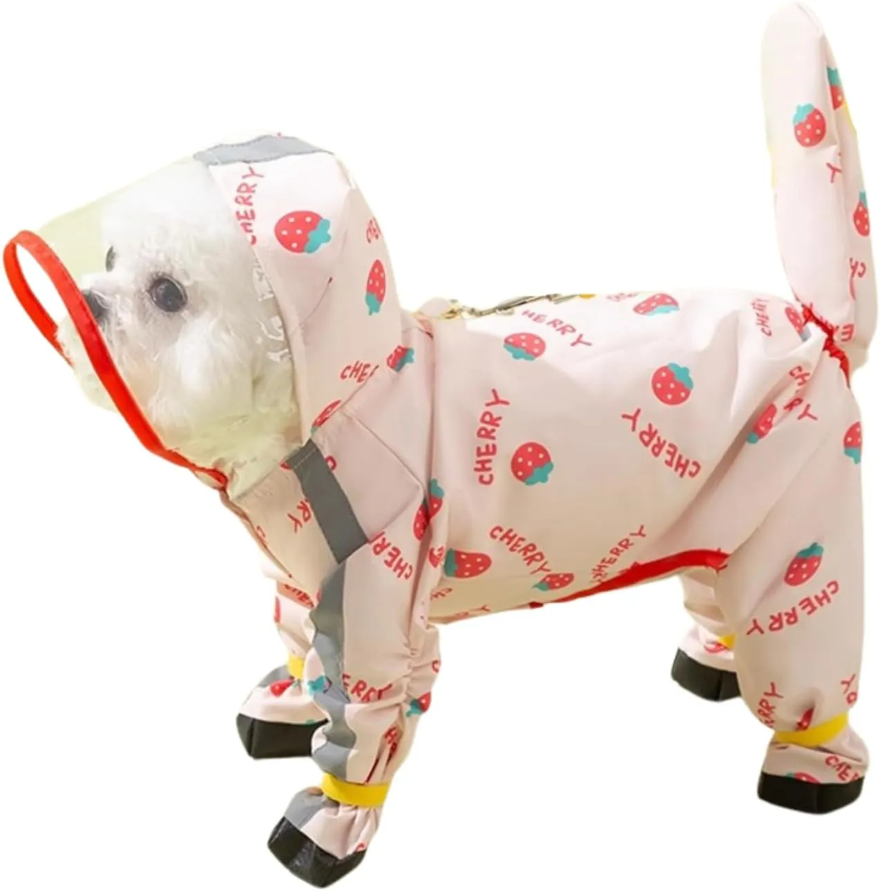 HDKUW Small Dog Raincoat & Rain Shoes Set,Full-Coverage Reflective Dog Jacket with D-Ring,Dogs Raincoat with Rain Boots Set for Puppy Small Dogs Strawberry XL