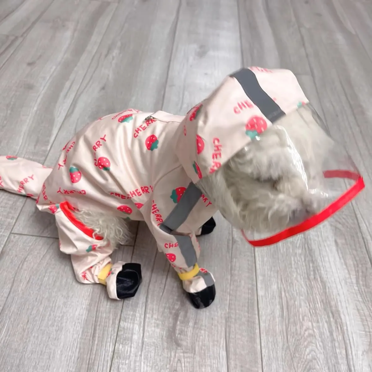 HDKUW Small Dog Raincoat & Rain Shoes Set,Full-Coverage Reflective Dog Jacket with D-Ring,Dogs Raincoat with Rain Boots Set for Puppy Small Dogs Strawberry XL