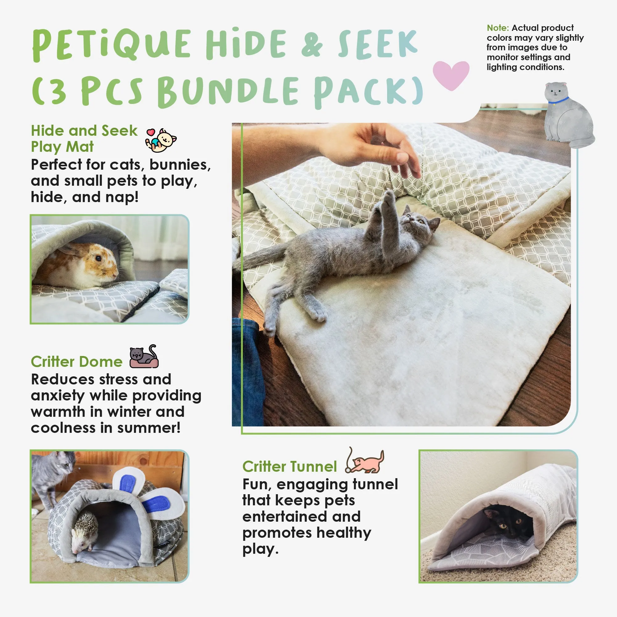 Hide & Seek 3 Piece Bundle Pack: Pet Sleep & Play House Bundle for Cats, Bunnies, Small Animals, Interactive Tunnel Mat, Critter Dome, and Critter Tunnel, Durable Fabric, Anxiety-Relief, Perfect for Play, Sleep, Easy to Clean, Pet Gift Set