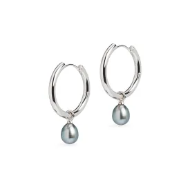 Large Hoop and Tahitian Pearl Charm Silver Earring Set