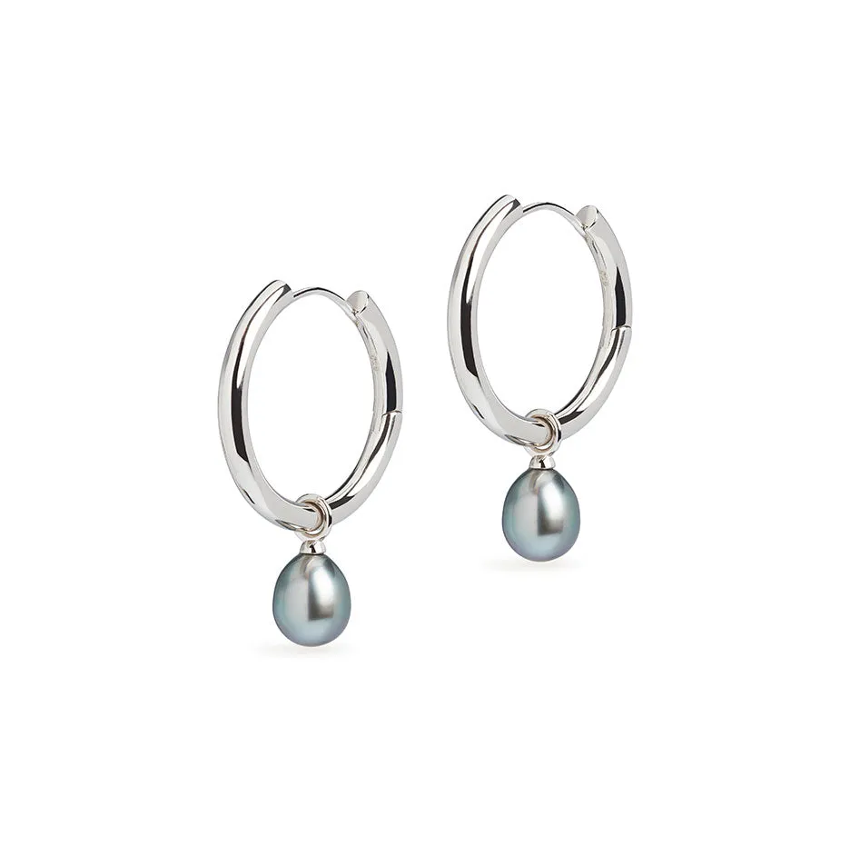 Large Hoop and Tahitian Pearl Charm Silver Earring Set