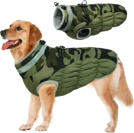 Lelepet Large Dog Winter Coat, Camo, Waterproof, Windproof, Reflective, Padded, Fleece, Turtleneck, Zippered Snow Jacket with Harness, 2XL, Lab
