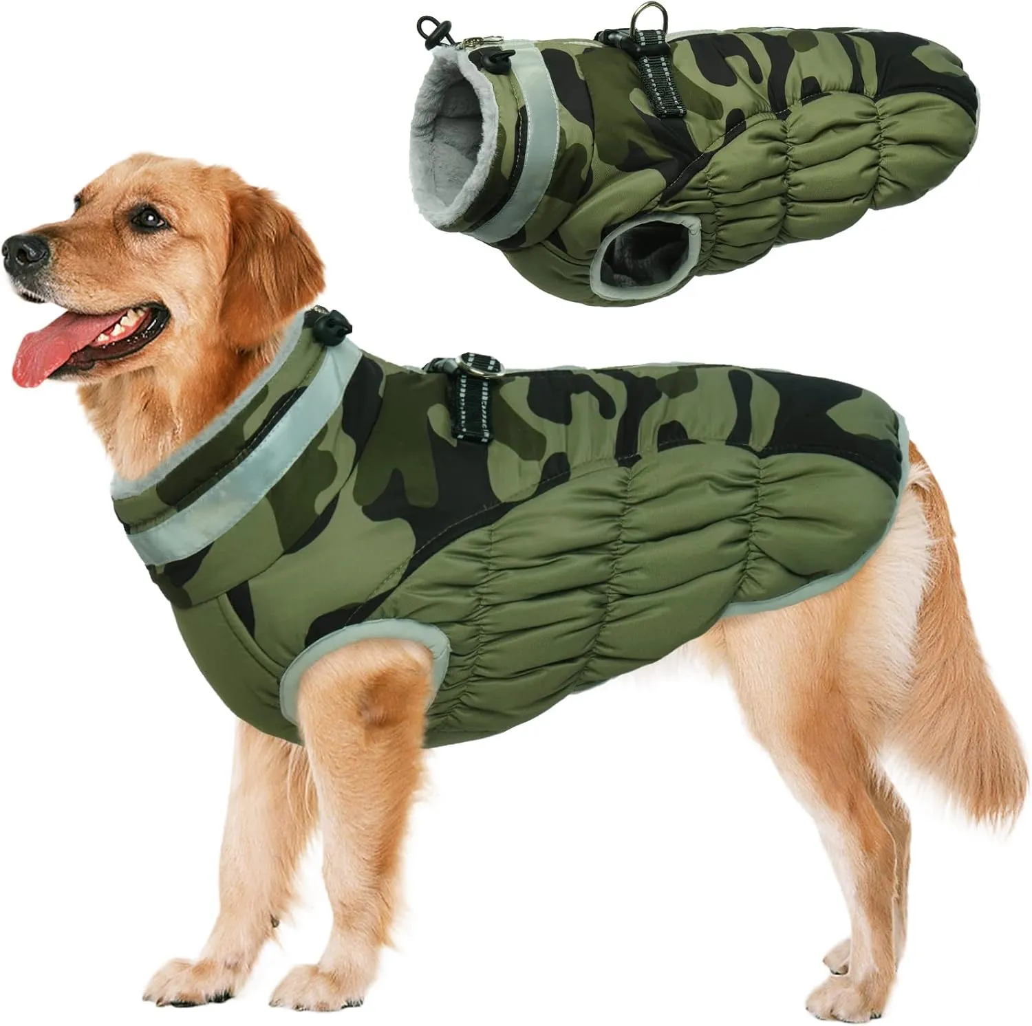 Lelepet Large Dog Winter Coat, Camo, Waterproof, Windproof, Reflective, Padded, Fleece, Turtleneck, Zippered Snow Jacket with Harness, 2XL, Lab