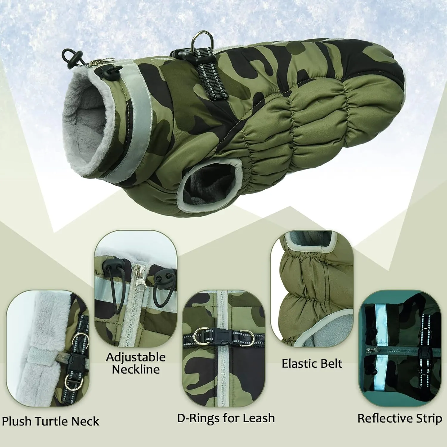Lelepet Large Dog Winter Coat, Camo, Waterproof, Windproof, Reflective, Padded, Fleece, Turtleneck, Zippered Snow Jacket with Harness, 2XL, Lab