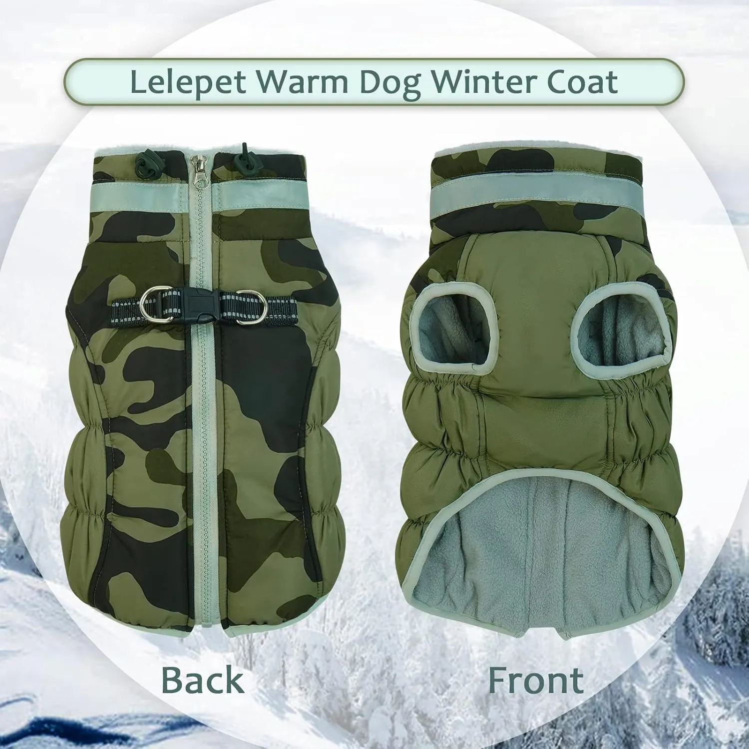 Lelepet Large Dog Winter Coat, Camo, Waterproof, Windproof, Reflective, Padded, Fleece, Turtleneck, Zippered Snow Jacket with Harness, 2XL, Lab