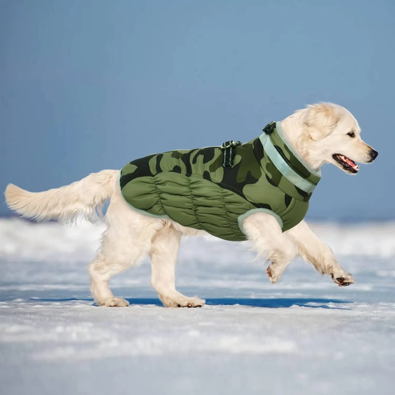 Lelepet Large Dog Winter Coat, Camo, Waterproof, Windproof, Reflective, Padded, Fleece, Turtleneck, Zippered Snow Jacket with Harness, 2XL, Lab