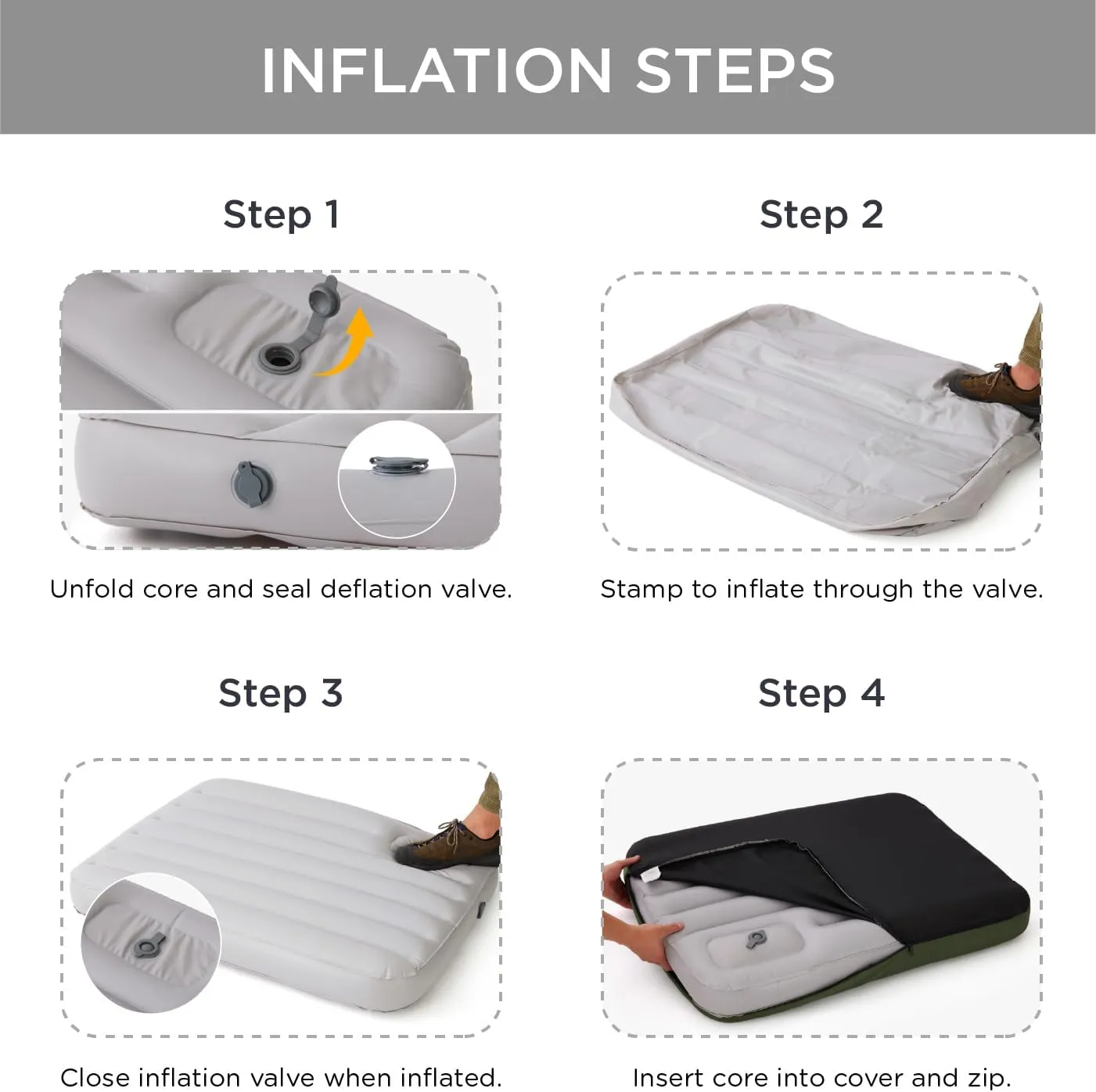 Made4Pets Outdoor Dog Bed Waterproof Inflatable  Self-Inflating Travel Pet Bed for Small to Medium Dogs, Foldable & Portable Crate Mat with Built-in Pump, Durable Oxford Fabric, Grey, 36"x27"x4"
