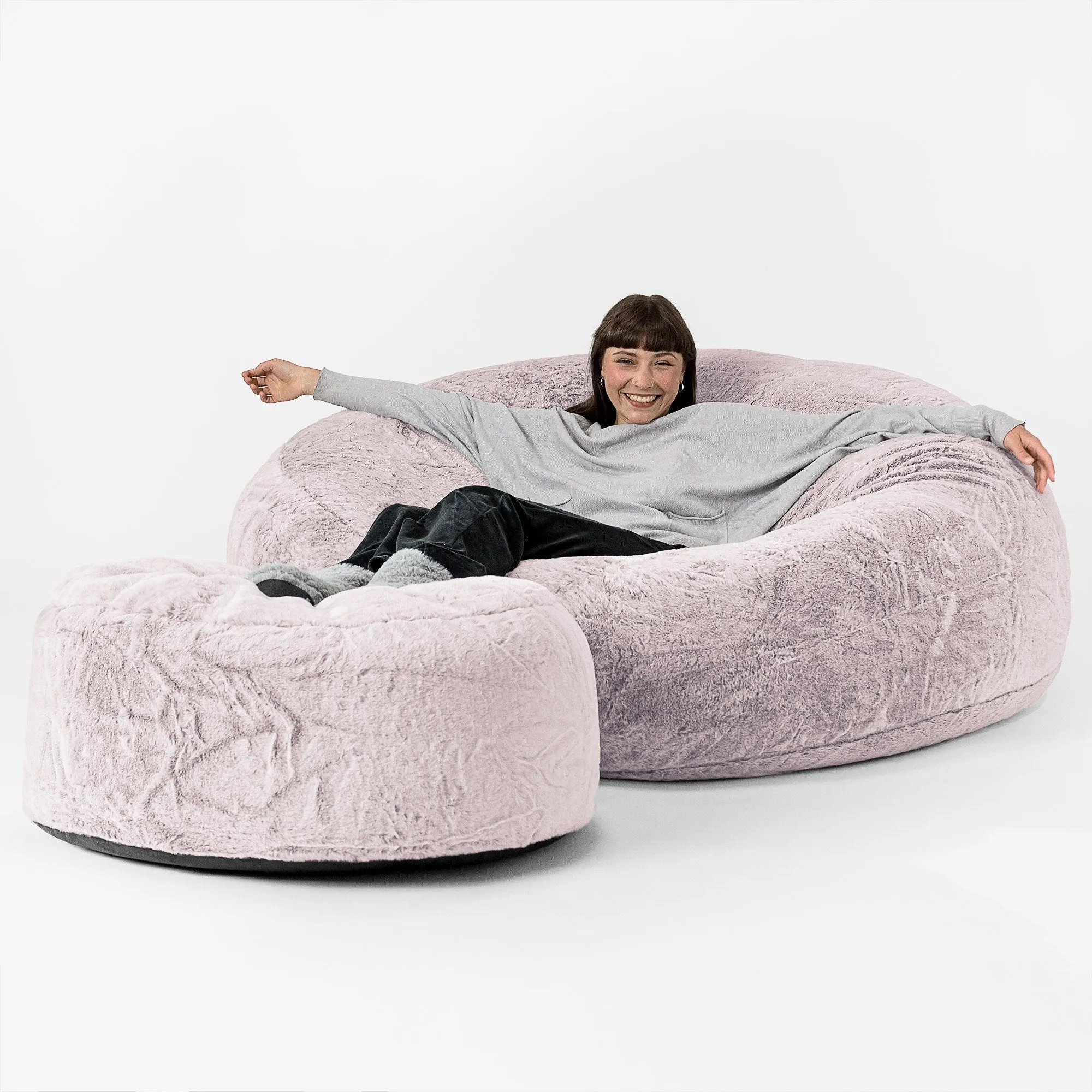 Mega Mammoth Bean Bag Sofa - Fluffy Faux Fur Rabbit Dusty Pink
