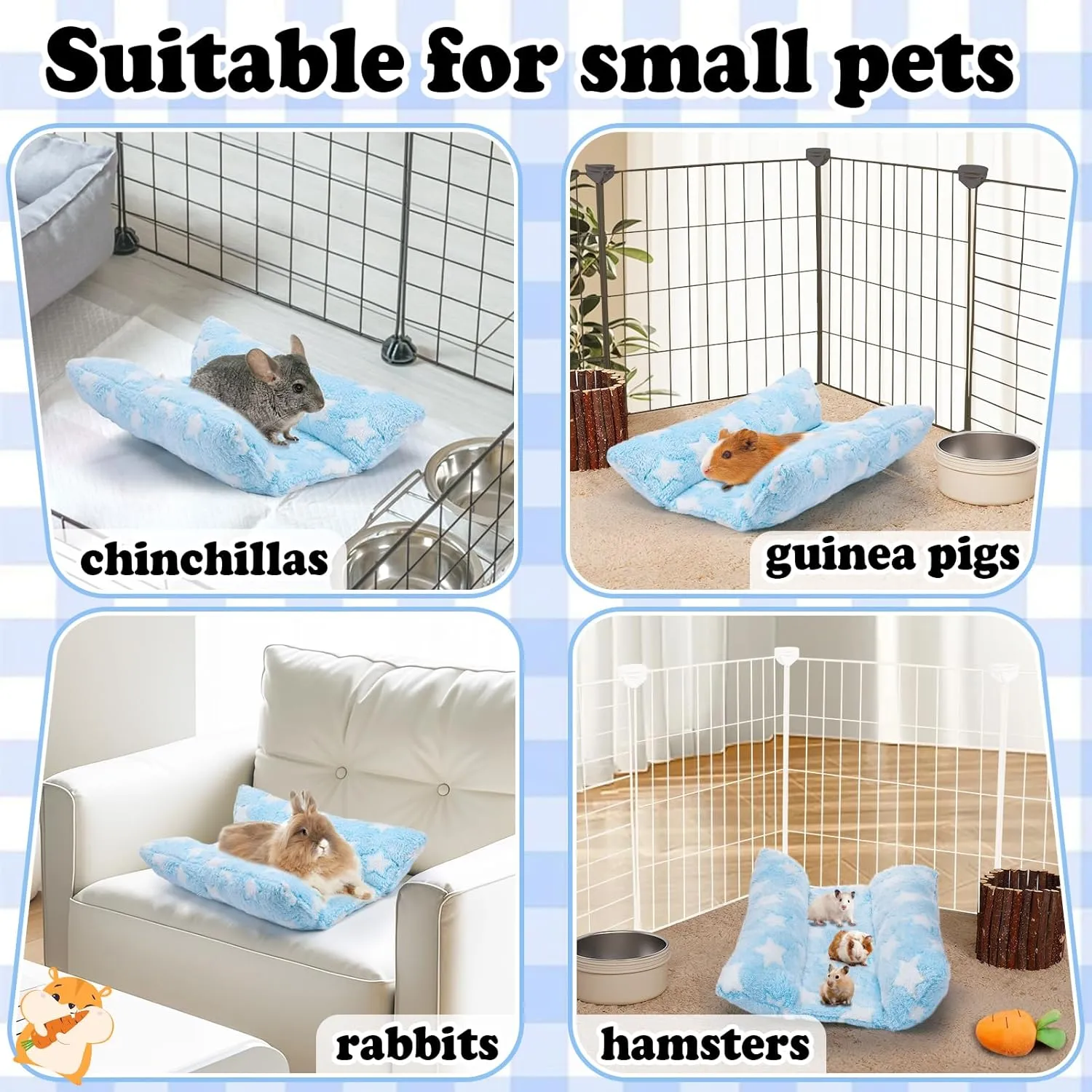MEWTOGO 15.7 x 14In Rabbit Bed - Thickened Soft Bunny Concave Bed, Cuddle Cushion Plush Mat with Cotton Lounger Pillows for Cage Sleeping Indoor Bunny Gifts, Light Blue-Star