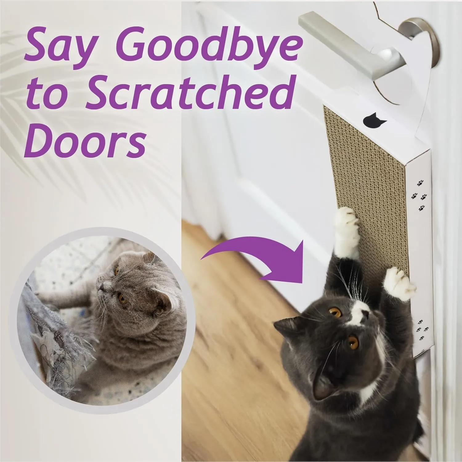 Necoichi Cardboard Hang & Scratch Doorknob Cat Scratcherfor Indoor Cats - Cat Scratching Board, Cat Scratch Pad Lounger with Reversible Usability and Extra Comfort for Wall (White)