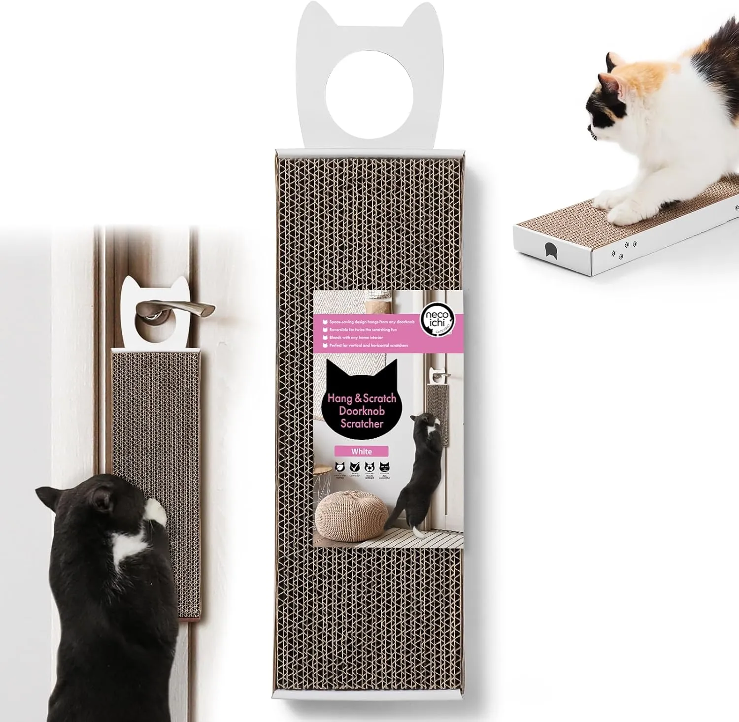 Necoichi Cardboard Hang & Scratch Doorknob Cat Scratcherfor Indoor Cats - Cat Scratching Board, Cat Scratch Pad Lounger with Reversible Usability and Extra Comfort for Wall (White)