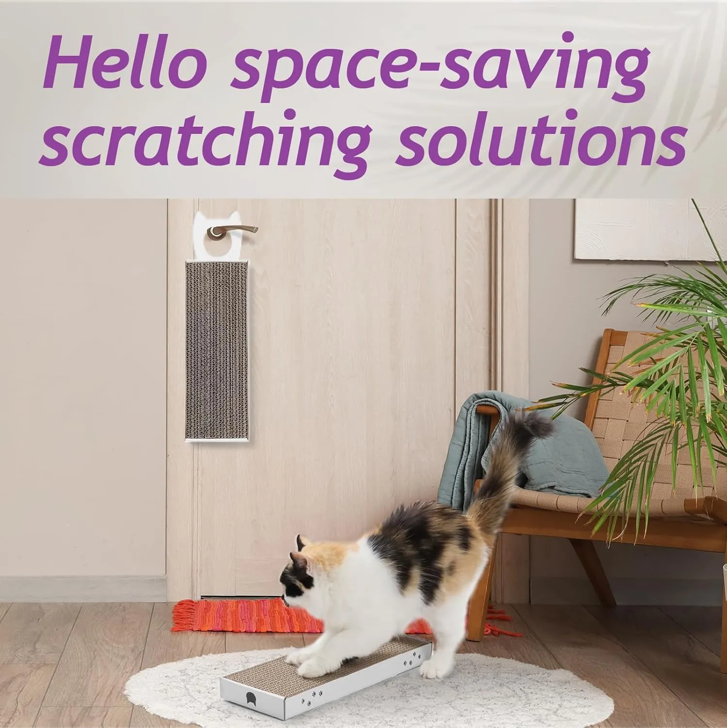 Necoichi Cardboard Hang & Scratch Doorknob Cat Scratcherfor Indoor Cats - Cat Scratching Board, Cat Scratch Pad Lounger with Reversible Usability and Extra Comfort for Wall (White)