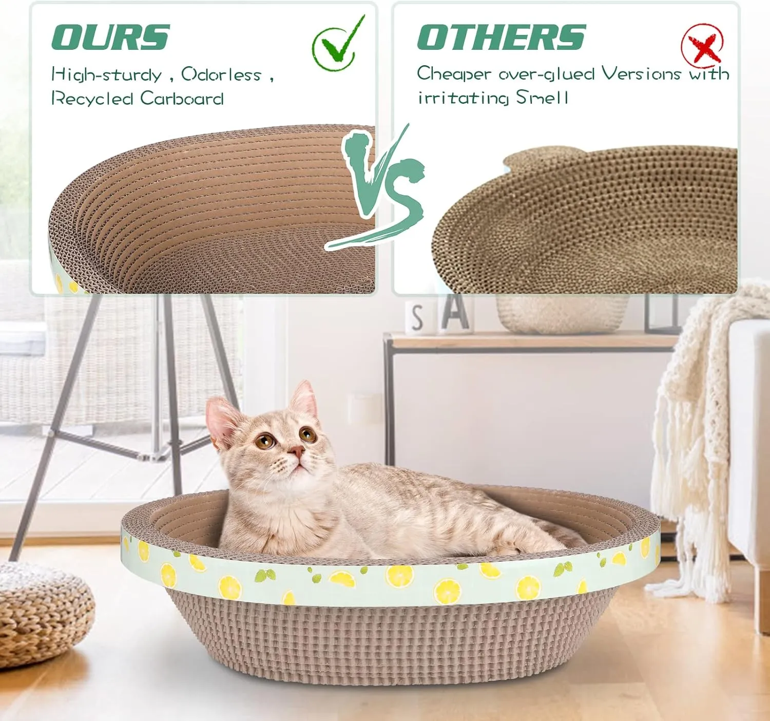 Oval Cardboard Cat Scratcher Bed Lounger Couch for Indoor Cats, Corrugated Cat Scratching Pad Box Durable, Cat Scratch Lounge Furniture Protection (17.32 Inch)